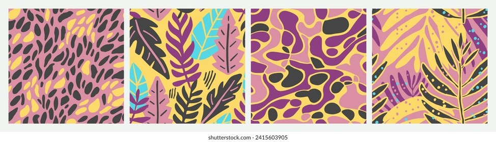 Purple Seamless Elegant Palm Shape Set. Light Repeated Decoration Spring Lines, Seamless Vector. Pastel Endless Color Decorative Ornament Wallpaper. 