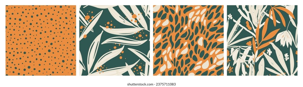 Purple Seamless Fashion Beach Element Vector. Green Seamless Nature Foliage Lines, Seamless Texture. Orange Continuous Doodle Bloom Artwork Backdrop. 