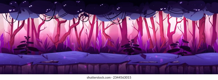 Lila nahtlose Waldlandschaft, Hintergrund. Fantasy Dschungle Naturlandschaft Szene für mysteriöse Märchenanimation. Wild dunkler Sommerwaldland-Läufer-Landschaft für Abenteuer-Videospiel