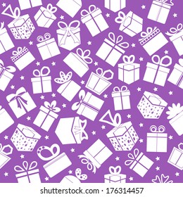 Purple seamless gift pattern. Vector background.
