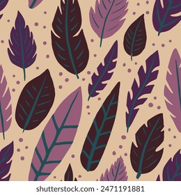 Purple Seamless Isolated Quill Watercolor Print. Orange Repetitive Classic Feathers Illustration, Seamless Vector. Gradient Repeated Fresh Plumage Ornament Background. Feathers