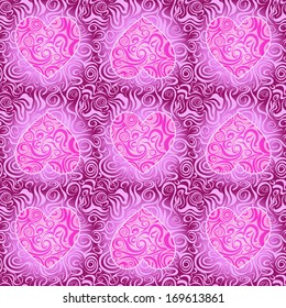 Purple  Seamless Love Abstract Pattern with Heart Swirl Silhouette. Vector