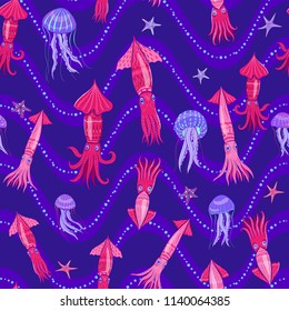 Purple seamless marine pattern with squid, jellyfish and waves.