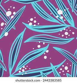 Purple Seamless Nature Organic Quill Texture. Pink Endless Summer Plant Textile, Seamless Art. Colorful Continuous Elegant Natural Fabrics Background. 