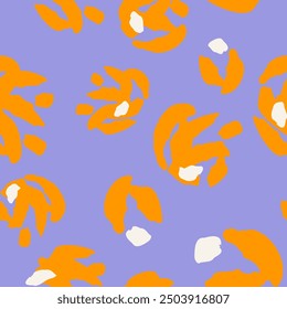 Patrón transparente púrpura con flores naranjas abstractas. Fondo cuadrado de Vector, ilustración, impresión, diseño. Estilo japonés