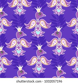 Purple seamless pattern with birds in crown. For textile, fabric, background, Indian style.