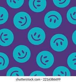 Purple seamless pattern with blue happy faces.
