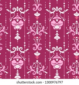 purple seamless pattern with bows and rococo floral ornament
