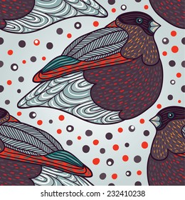 Purple seamless pattern with bullfinch.
