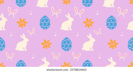Purple seamless pattern with colorful easter eggs and rabbits