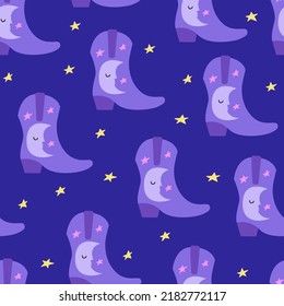 Purple seamless pattern with cowgirl boots with moon and stars. Wild west, western, texas hand drawn vector trendy background.