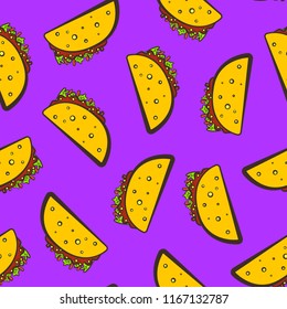 Purple seamless pattern with cute cartoon mexican taco. Comic flat pop art tacos texture for fast food textile, wrapping paper, package, restaurant or cafe menu banners