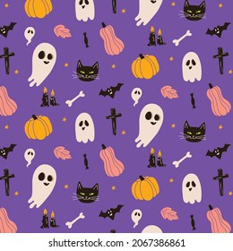 Purple seamless pattern in cute Halloween style. Cartoon ghosts, pumpkins, bones, monsters, bats, skulls and cats. Black, pink, yellow and white colors. Perfect for print, web and themed layout