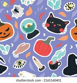 patrón violeta sin costuras de adorables símbolos de Halloween - gato negro, ojos, sombrero de bruja, calabazas, arañas, bola contadora de fortuna, cristales, hojas de otoño. ilustración para papel envolvente, fondo, papel tapiz