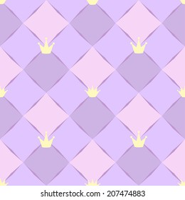 Purple seamless pattern of diamonds and crowns for princesses