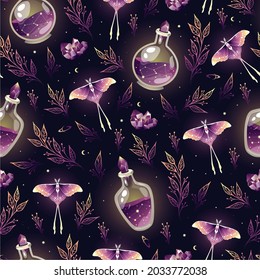 Purple seamless pattern with different magic objects. Repetitive background with moon moths, herbs,  constellations, liquid bottles and amethysts.