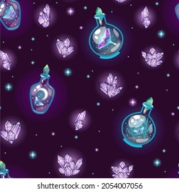 Purple seamless pattern with different magic objects. Repetitive background with herbs, constellations, bottles and amethysts.