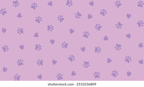 Purple seamless pattern of dog or cat paw prints and hearts. For t-shirts, backgrounds, patterns, websites, showcases design, greeting cards, child prints, wallpapers etc