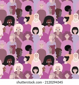 Purple seamless pattern with female faces. For textile, paper, print, packaging. Diversity concept. Vector pattern.