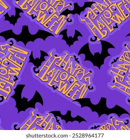 Padrão roxo sem emenda com letras Feliz Halloween e morcego preto