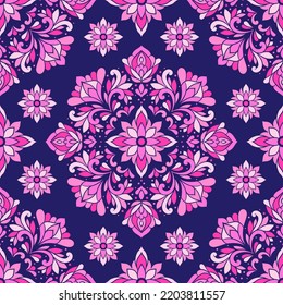 Violett nahtloses Muster mit Mandala-Ornament. Traditionelle arabische, indische Motive. Ideal für Gewebe und Textilien, Tapeten, Verpackungen oder jede erwünschte Idee.