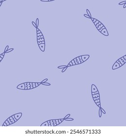 Purple seamless pattern with purple outline fish