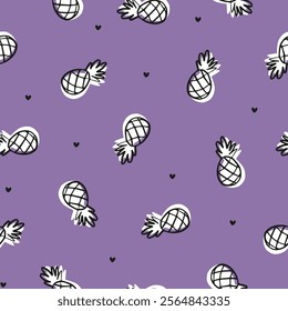 Purple seamless pattern with outline pineapples