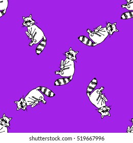 Purple seamless pattern with raccoons and fish. Black and white contour of raccoon. For kids prints, designs, wrapping paper.