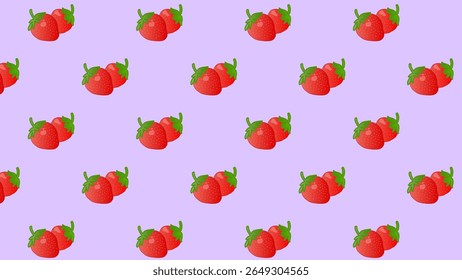 Purple seamless pattern with red strawberry. Background red cherries and green leaves. Vector design sweet berries as wallpaper