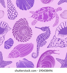 Purple seamless pattern of sea animals