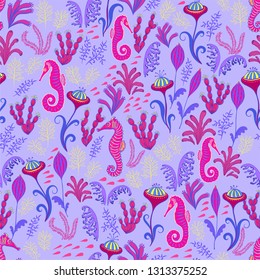 Purple seamless pattern with sea horses and seaweed. 