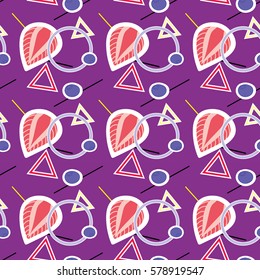 Purple seamless pattern with strawberries, blueberries and geometric shapes