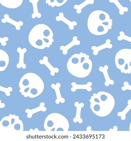 Purple seamless pattern with white bones and skulls