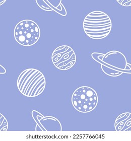 Purple seamless pattern with white outline planets