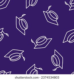 Purple seamless pattern with white outline graduation hat