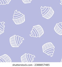 Purple seamless pattern with white outline cupcakes