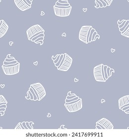 Purple seamless pattern with white outline cupcakes and hearts