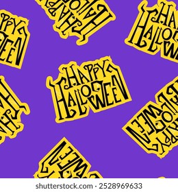 Purple seamless pattern with yellow lettering Happy Halloween