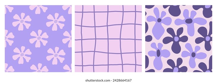 Purple seamless patterns set with flowers and grid. Pastel colored y2k groovy background collection with checkered floral curvy lilac texture. Liquid organic shapes. Vector illustration