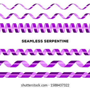 Purple seamless serpentine set. Spiral tape vector pack . Festive ribbons border on white background. 3d design elements collection for wrapping paper, postcards, presents decoration