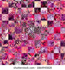 Textura púrpura sin fisuras con el patrón de ajedrez y formas de copos de nieve. Resumen de fondo vectorial para página web, fondo de banners, tela, decoración doméstica, envoltura