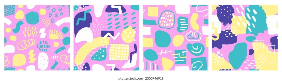 Purple Seamless Trend Retro Lines Set. Colorful Repetitive Summer Decorative Surface, Seamless Texture. Light Continuous Fashion Artistic Fabrics Art