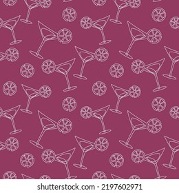 Purple seamless vector party pattern. One line continuous hand drawn cocktail glass illustration. Wallpaper, fabric, print, wrapping paper or package design.