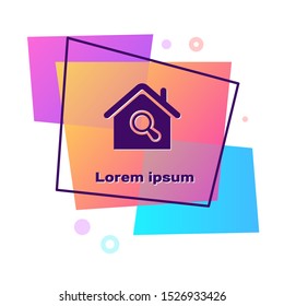 Purple Search house icon isolated on white background. Real estate symbol of a house under magnifying glass. Color rectangle button. Vector Illustration