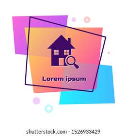 Purple Search house icon isolated on white background. Real estate symbol of a house under magnifying glass. Color rectangle button. Vector Illustration