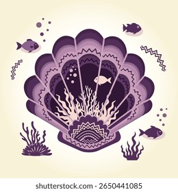 Purple Seashell Illustration Underwater Scene with Fish and Coral