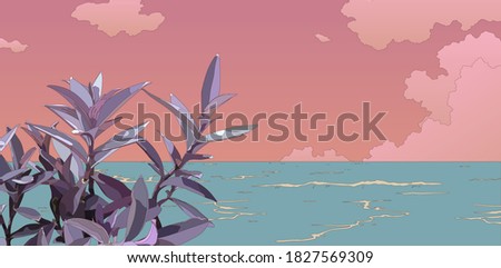 Purple secretia plant and beach landscape, tropical vibe cartoon, anime style illustration, light tint pastel color, aesthetic island summer backgound