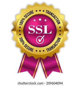 Purple secure transaction badge with gold border and ribbon