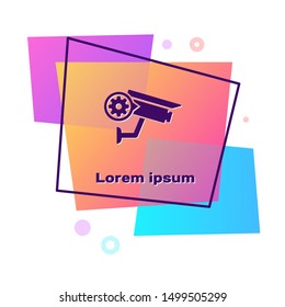 Purple Security camera and gear icon isolated on white background. Adjusting app, service concept, setting options, maintenance, repair, fixing. Color rectangle button. Vector Illustration
