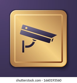 Purple Security camera icon isolated on purple background. Gold square button. Vector Illustration